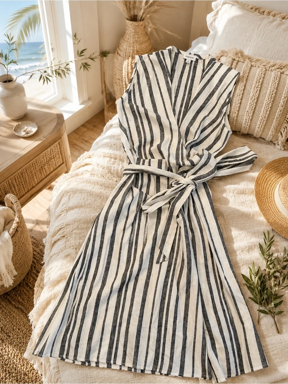 EVEREVE Linen Blend Striped Wrap Midi Dress Tie Waist Pockets Small EVEREVE Linen Blend Striped Wrap Midi Dress Tie Waist Pockets Small
